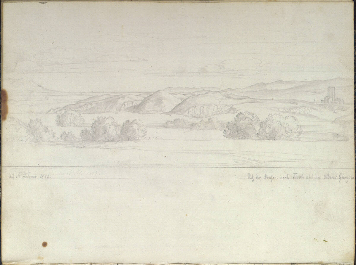 Römisches Skizzenbuch: um 90° nach rechts gedreht: Auf dem Weg von Rom nach Tivoli mit Blick auf die Albaner Berge, Friedrich Olivier