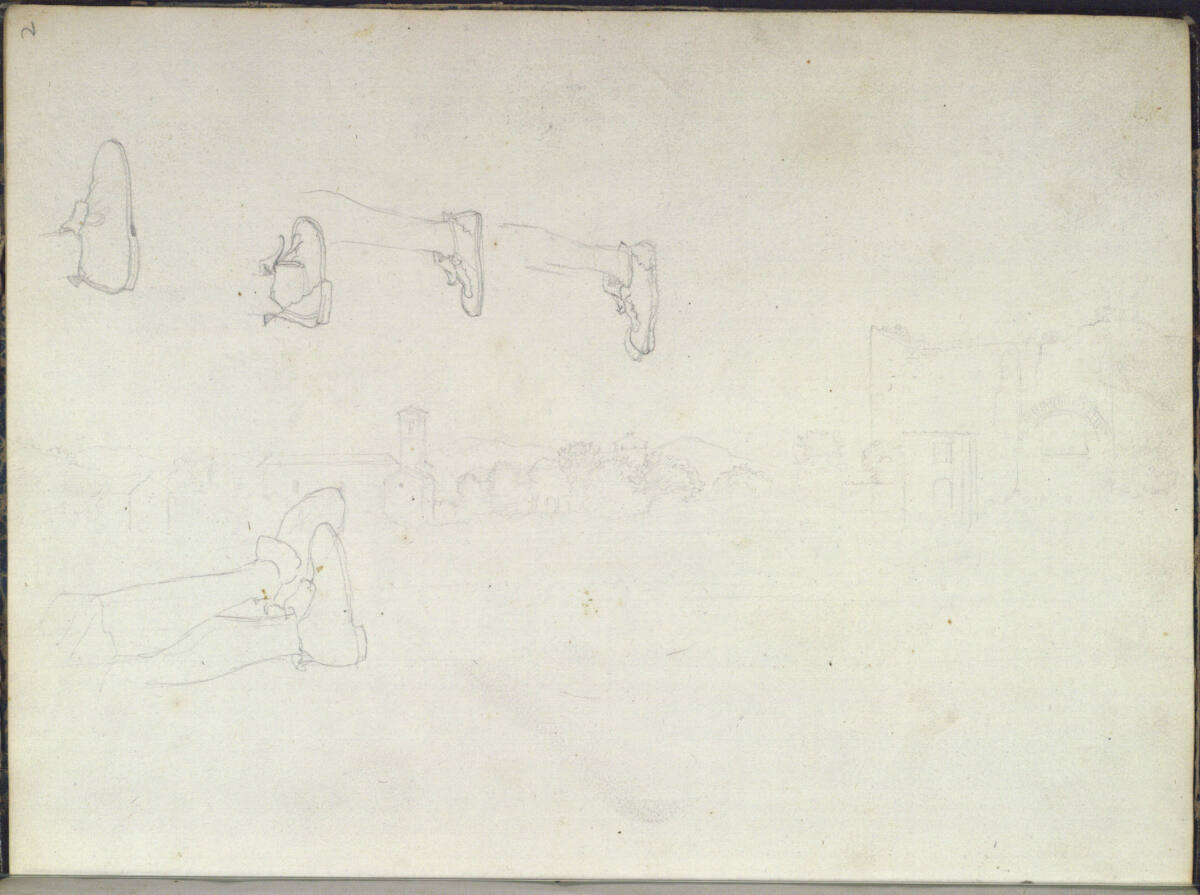 Römisches Skizzenbuch: Fünf Studien von einem Schuh mit angedeutetem Bein; um 90° nach links gedreht: zarter Landschaftsstreifen mit der Silhouette einer Kirche und einer Ruine, Friedrich Olivier, 1820–1822