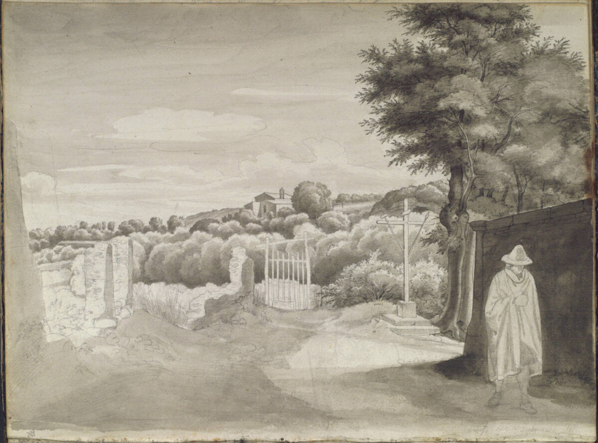 Römisches Skizzenbuch: um 90° nach links gedreht: Ortseingang von Ariccia mit Blick nach Albano, im Vordergrund Figur eines Wanderers, Friedrich Olivier, 1822