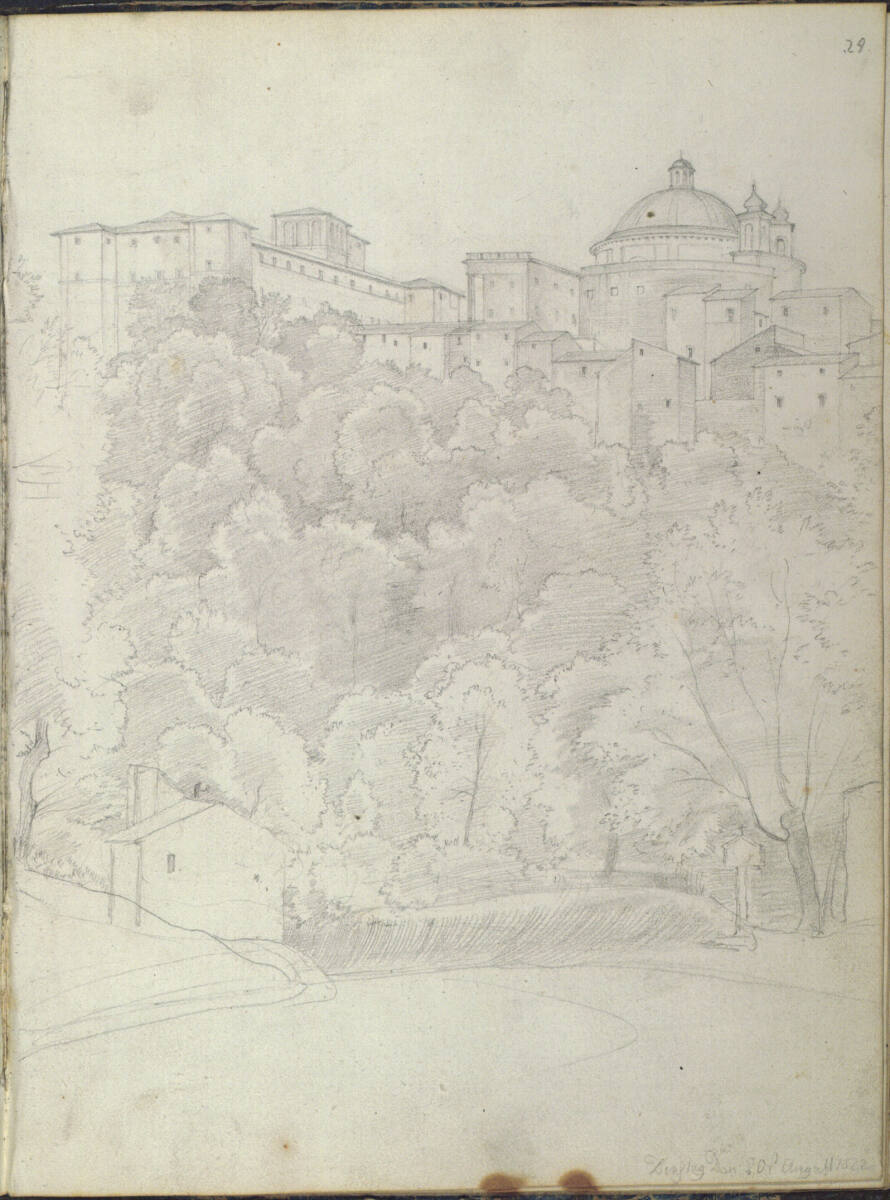 Römisches Skizzenbuch: Blick auf Ariccia mit Palazzo Chigi und Sa. Maria dell' Assunzione, Friedrich Olivier