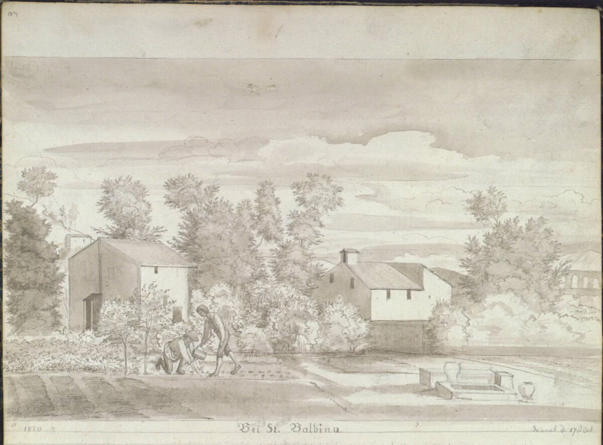 Friedrich Olivier, Römisches Skizzenbuch: um 90° nach links gedreht: Garten bei Sa. Balbina (üb…