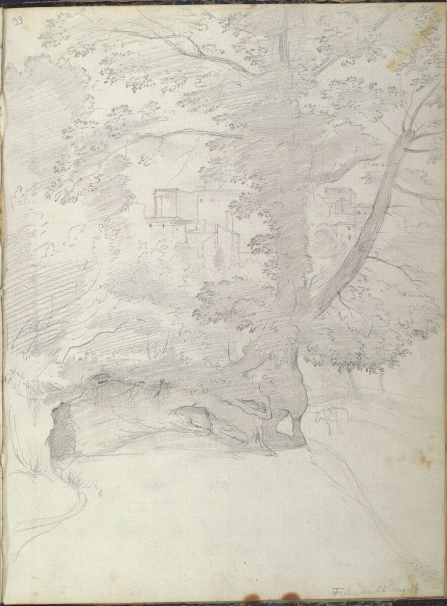 Römisches Skizzenbuch: Alter Baum an einer Wegbiegung, mit Durchblick auf Ariccia, Friedrich Olivier