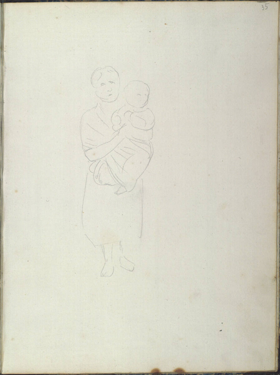 Römisches Skizzenbuch: Skizze einer Frau mit einem Kind in einem Tragetuch, Friedrich Olivier, 1820–1826
