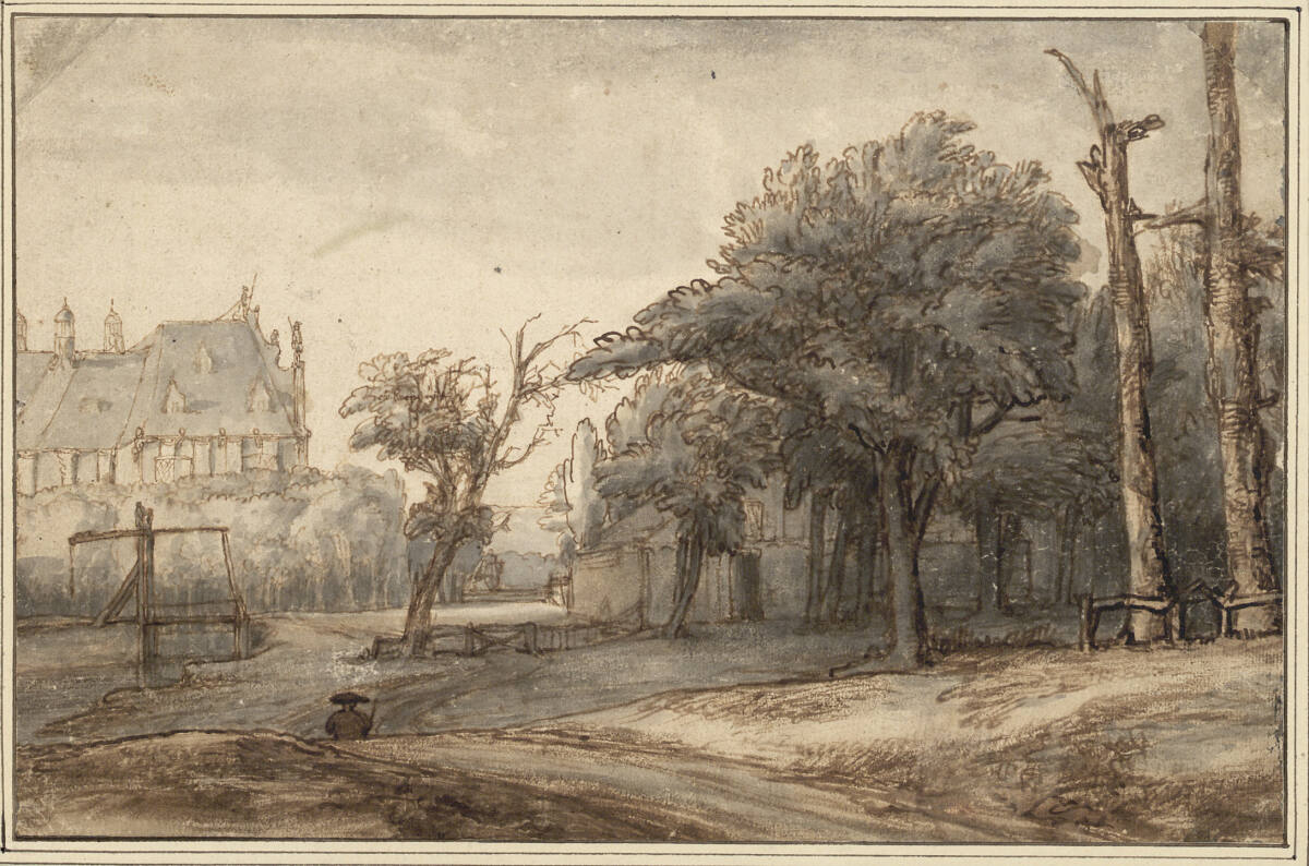Baumreiche Landschaft mit Zugbrücke und Blick auf ein Schloss, Lambert Doomer