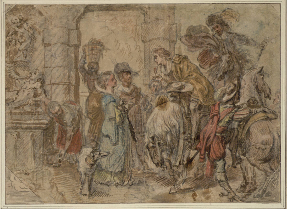 Bewirtung eines vornehmen Reiters, hinter ihm ein Reiter mit gezücktem Dolch (Ermordung König Edwards?), Theodoor van Thulden