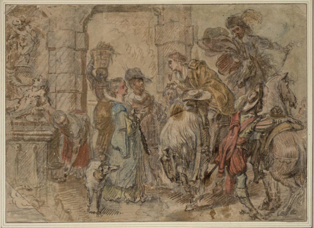 Theodor van Thulden, Bewirtung eines vornehmen Reiters, hinter ihm ein Reiter mit gezücktem Dol…