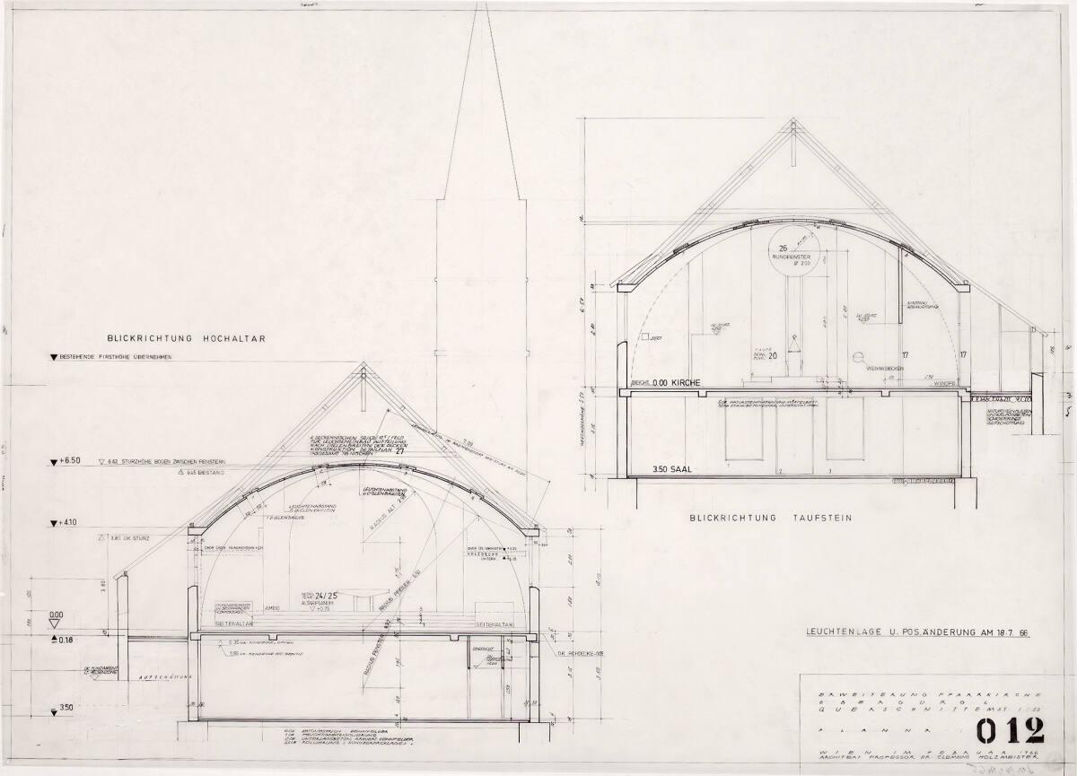 Clemens Holzmeister(?), Obergurgl, Pfarrkirche, Erweiterung II; Projekt D; Querschnitt Blickric…