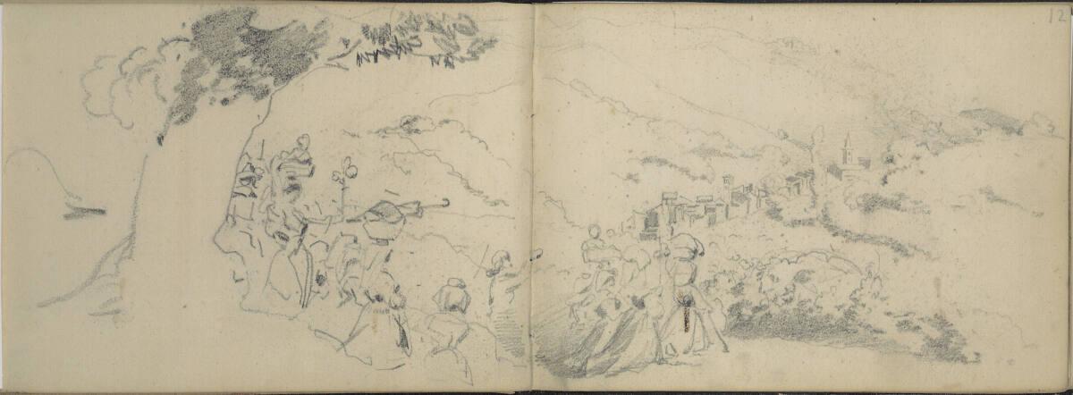 Anton Romako, Skizze eines Zugs von Frauen und Männern zu einem Dorf mit Kirche, Inv. Nr.: 2593…