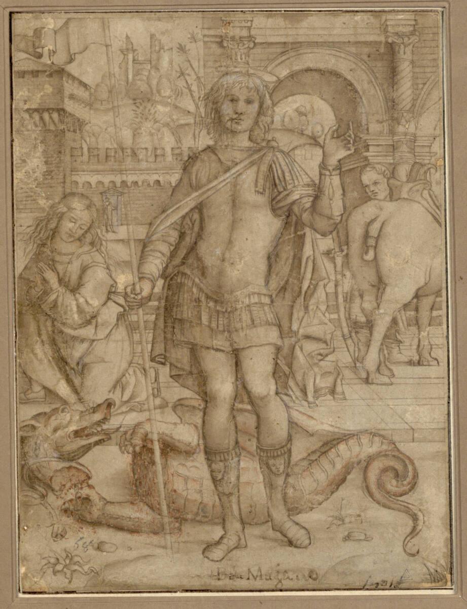 Anonym, Der heilige Georg mit dem Drachen; links rückwärts kniet die Prinzessin; im Hintergrund…