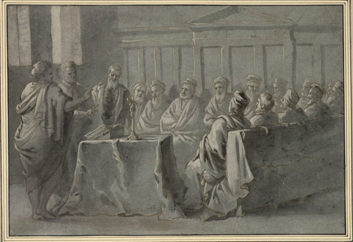 Vereidigung zweier Männer vor einer Ratsversammlung (aus der Geschichte des Hauses de la Tour), Erasmus Quellinus II