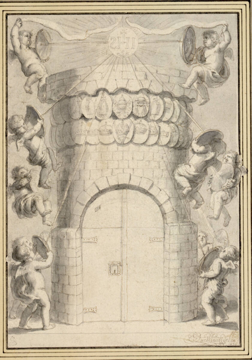 Allegorie mit verschlossenem Turm und IHS-Symbol: Stichvorlage für das Titelblatt zu "Elogia Societatis Iesu" (1676), Erasmus Quellinus II, 1676