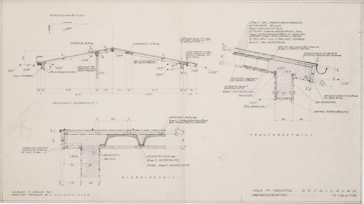 Clemens Holzmeister(?), Salzburg, Haus Clemens Holzmeister; Detailplan; Dachkonstruktion; Massi…