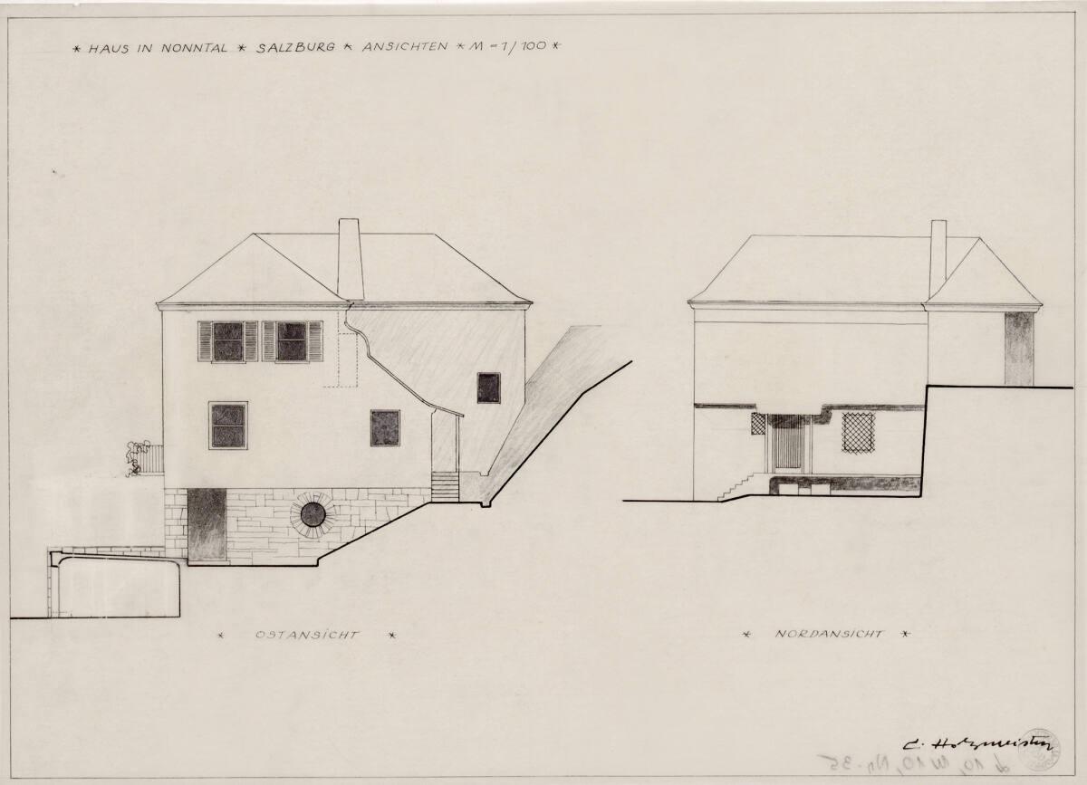 Clemens Holzmeister(?), Salzburg, Haus Clemens Holzmeister; Ostansicht mit Geländeprofil, Norda…