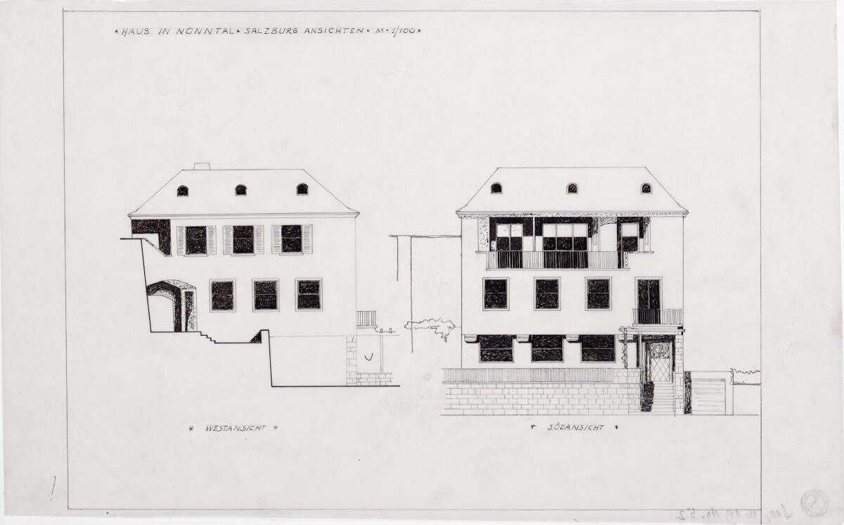 Clemens Holzmeister(?), Salzburg, Haus Clemens Holzmeister; Westansicht mit Geländeprofil, Süda…