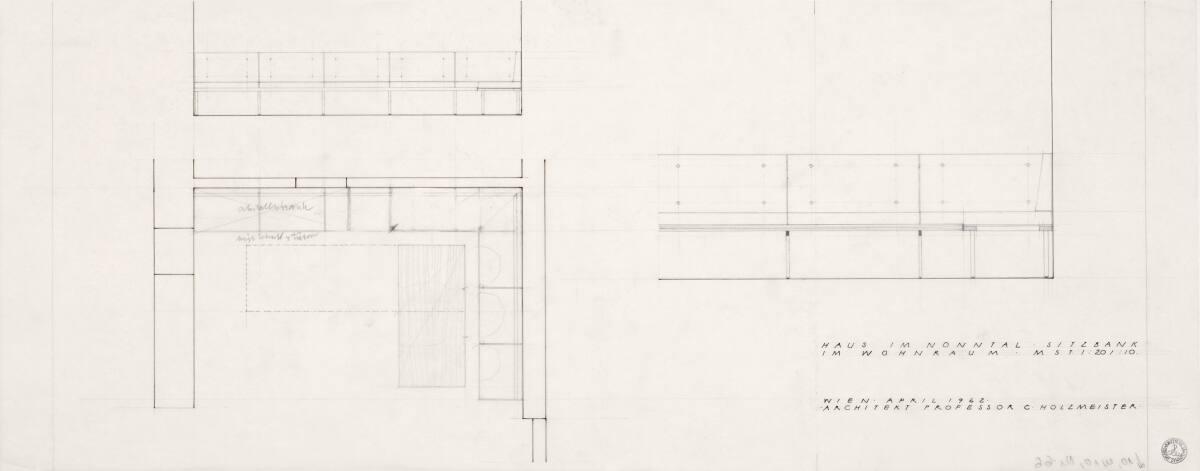Clemens Holzmeister, Salzburg, Haus Clemens Holzmeister; Sitzbank im Wohnraum, Ansicht mit Vert…