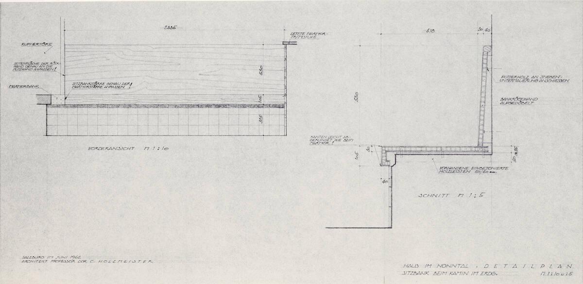 Clemens Holzmeister(?), Salzburg, Haus Clemens Holzmeister; Detailplan; Sitzbank beim Kamin im …