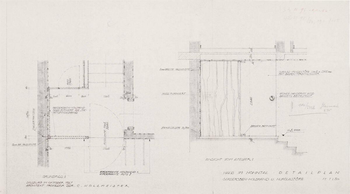 Clemens Holzmeister(?), Salzburg, Haus Clemens Holzmeister; Detailplan; Garderobenholzwand und …