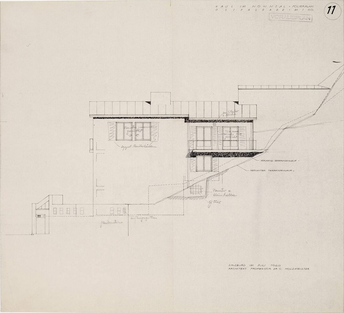 Clemens Holzmeister(?), Salzburg, Haus Clemens Holzmeister; Polierplan; Vorausplan; Ostansicht …