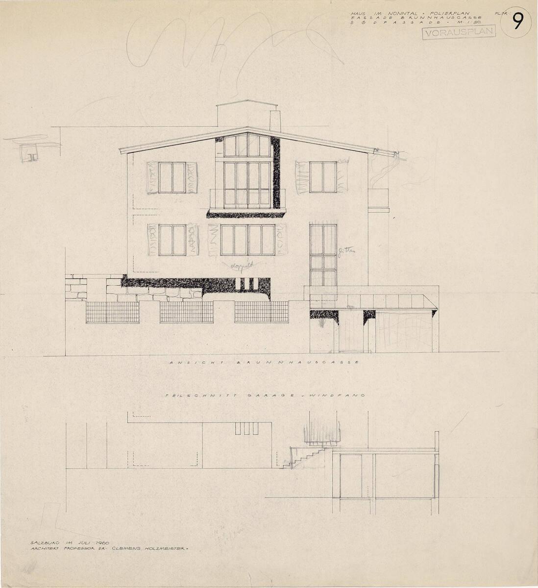 Clemens Holzmeister(?), Salzburg, Haus Clemens Holzmeister; Polierplan; Vorausplan; Südansicht …