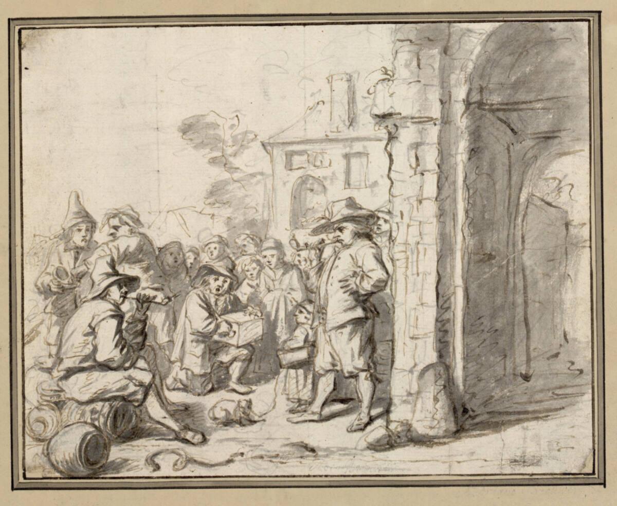 Adriaen Brouwer, Leierkastenmann, Kinder und Pfeifenraucher vor einem Tor, Inv. Nr.: 9032