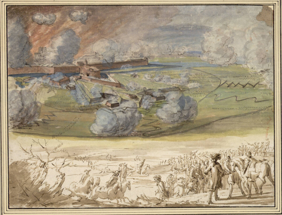 Blick auf das Festungswerk einer brennenden Stadt, Robert van den Hoecke