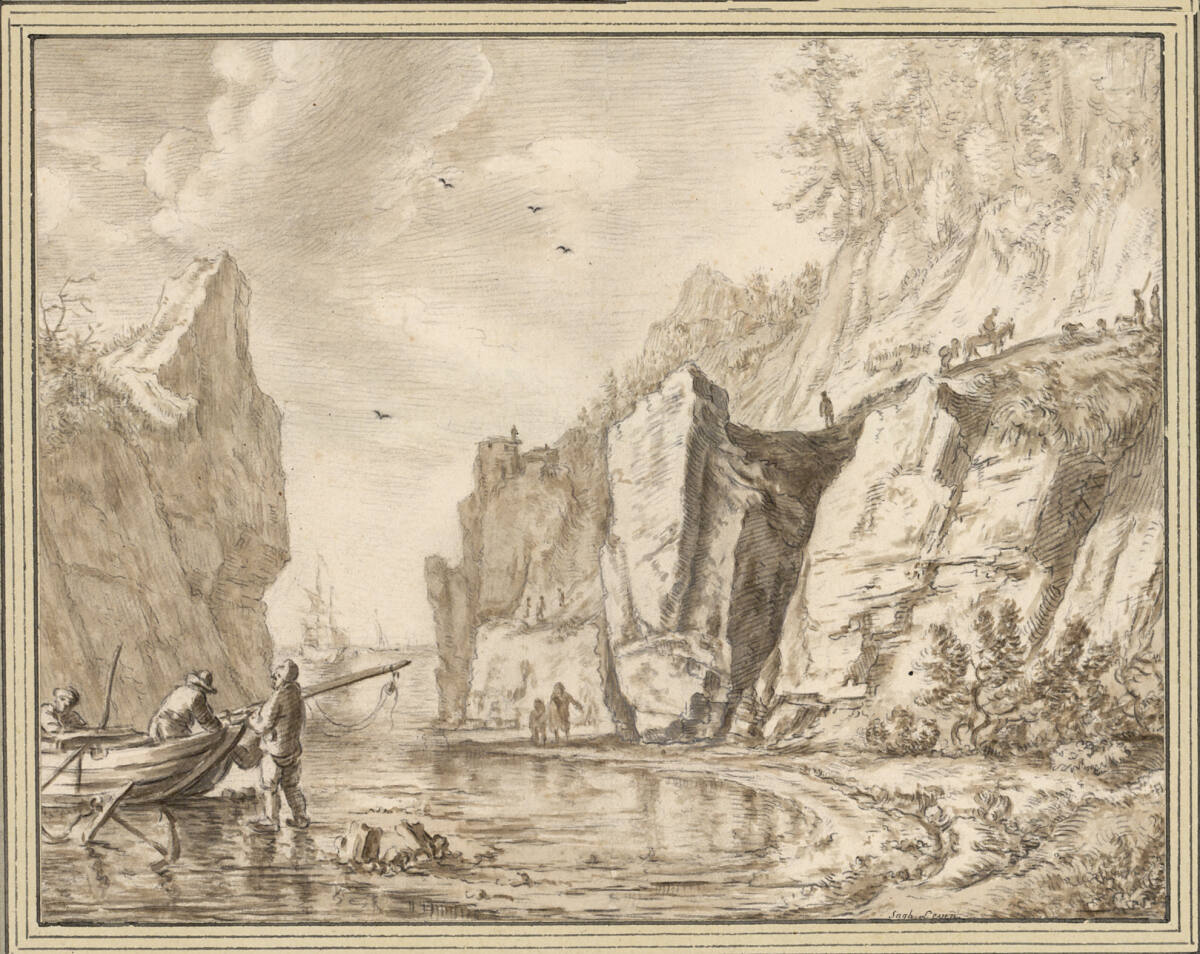 Von Felsen gesäumte kleine Meeresbucht, Herman Saftleven