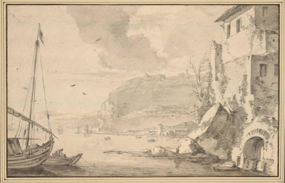 Thomas Wyck (?)  (Inv: Jan Asselijn), Küste mit Haus und Schiffen, Inv. Nr.: 9077
