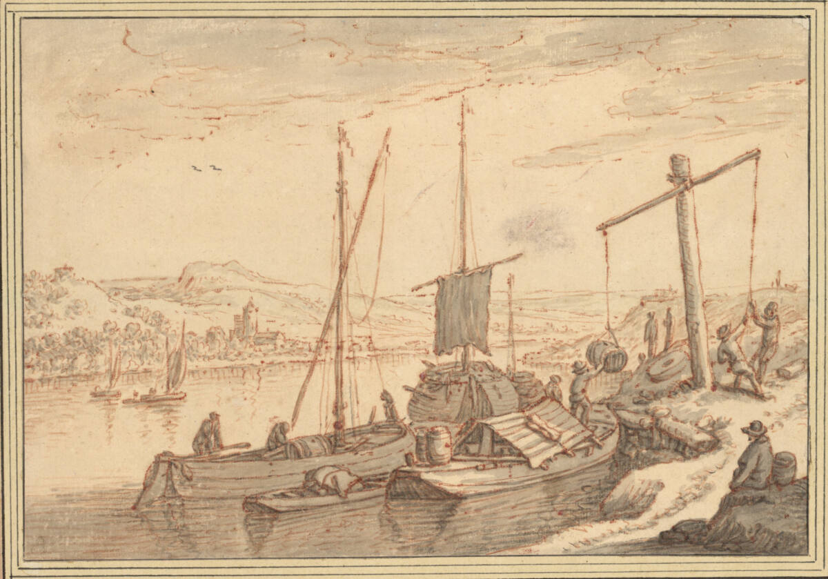Rheinlandschaft mit Frachtkähnen am Ufer, Herman Saftleven