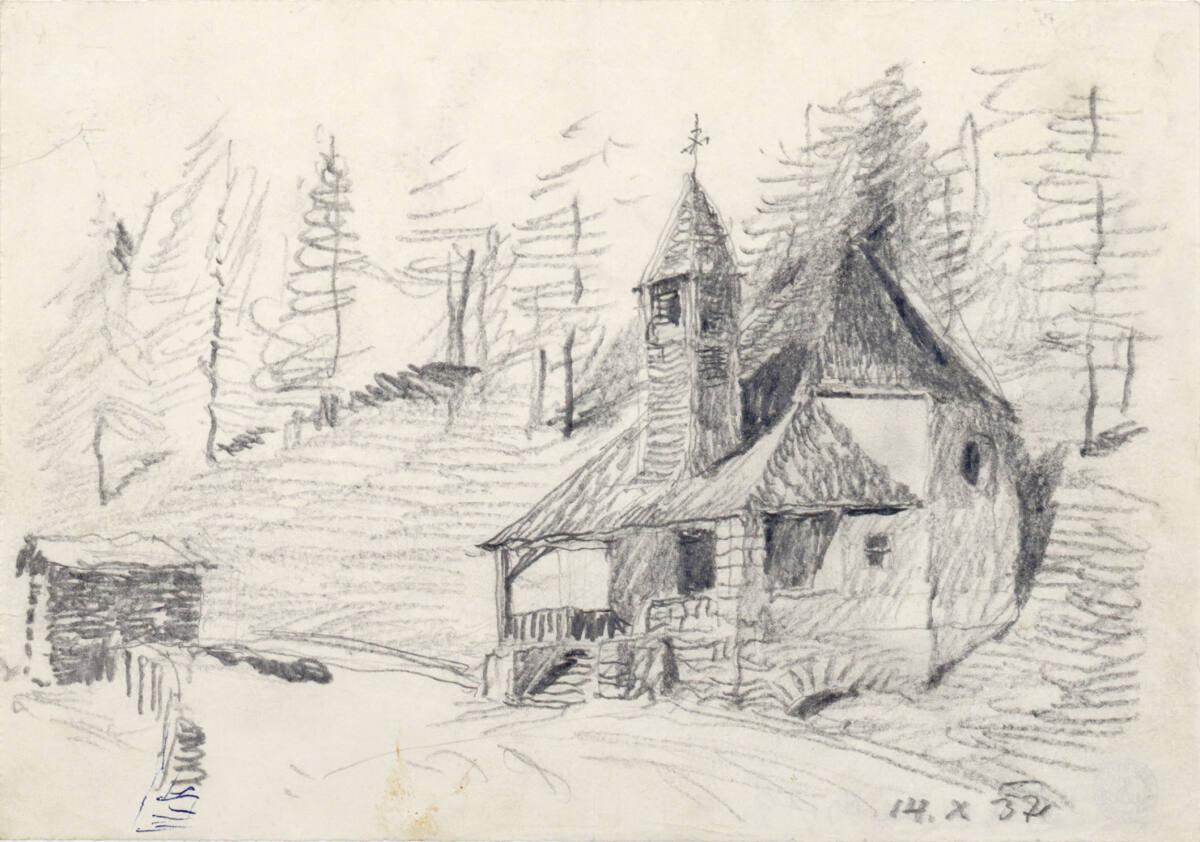 Clemens Holzmeister, Fulpmes / Schlick, Schutzengelkapelle; Studie; perspektivische Ansicht mit…