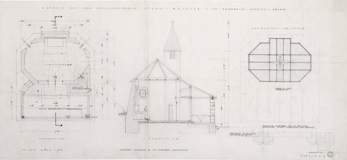 Clemens Holzmeister, Fulpmes / Schlick, Schutzengelkapelle; Grundriss; Vertikalschnitt A - B; D…