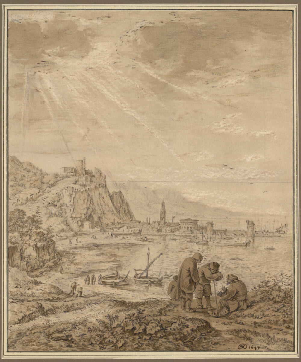 Felsenreiche Bucht mit Blick auf eine Stadt, Herman Saftleven