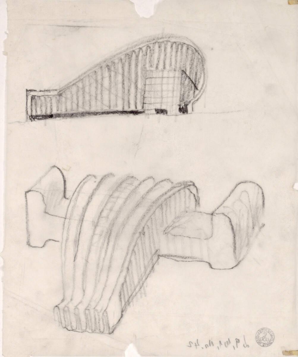 Clemens Holzmeister, Madrid, Oper; Baukörperstudie; Seitenansicht; Vogelperspektive, Inv. Nr.: …