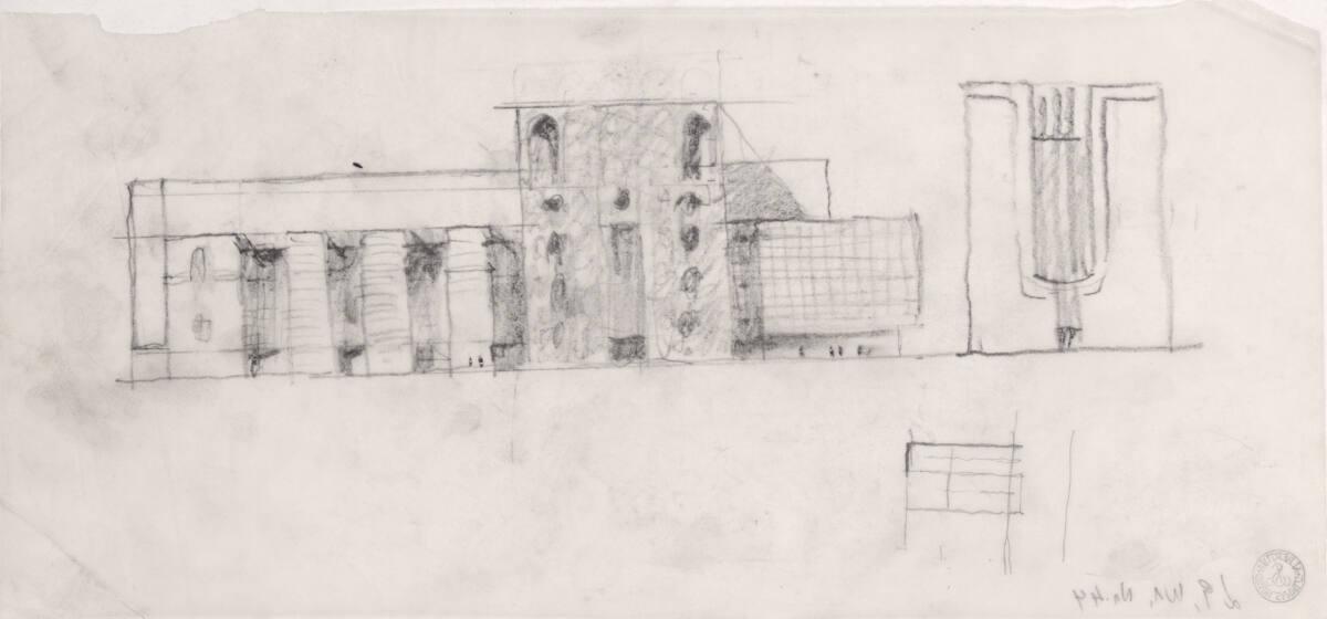 Clemens Holzmeister, Madrid, Oper; Studie; Seitenansicht; Variante Bühnenhaus, Seitenansicht, I…
