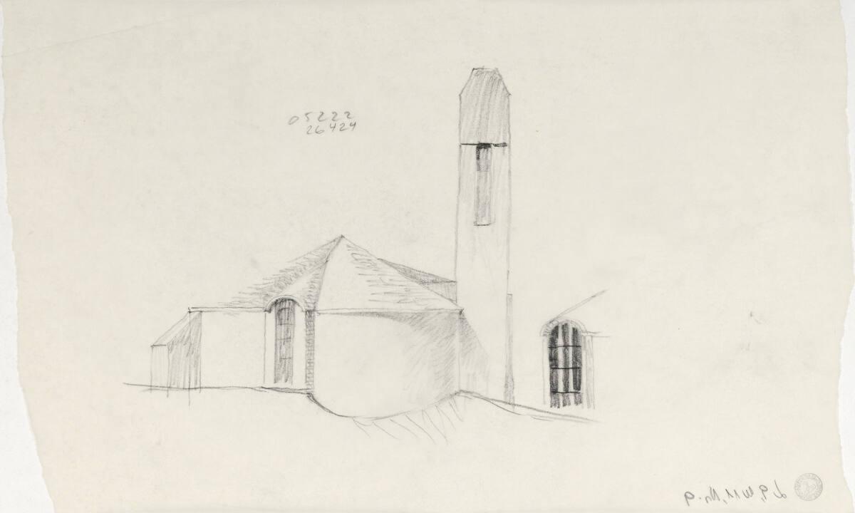 Clemens Holzmeister, Mösern bei Seefeld / Tirol, Pfarrkirche; Variante B; Studie; Seitenansicht…