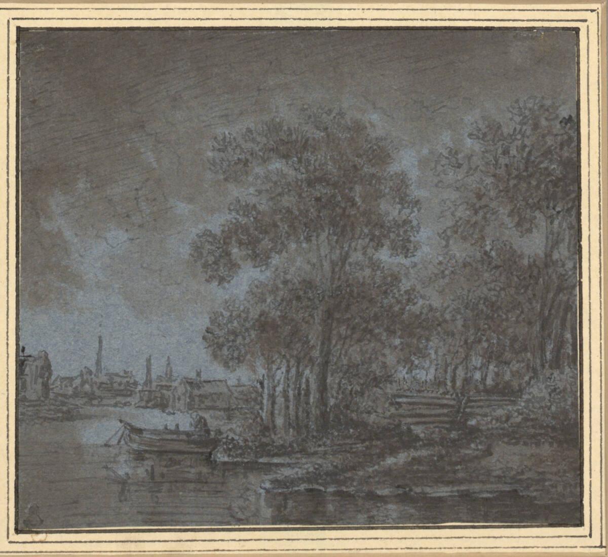Baumreiches Ufer bei Mondlicht, Inv. Nr.: 9094