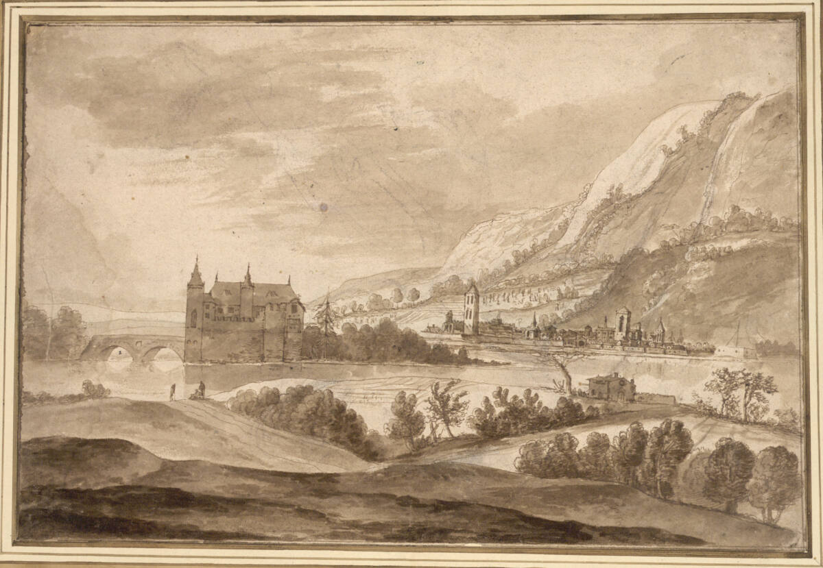 Flußlandschaft mit Wasserschloß und einer Stadt am Fuß eines Berges, Jan Asselijn