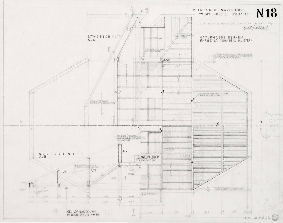 Clemens Holzmeister(?), Navis, Pfarrkirche; Zwischendecke, Querschnitt A - B, Längsschnitt C - …