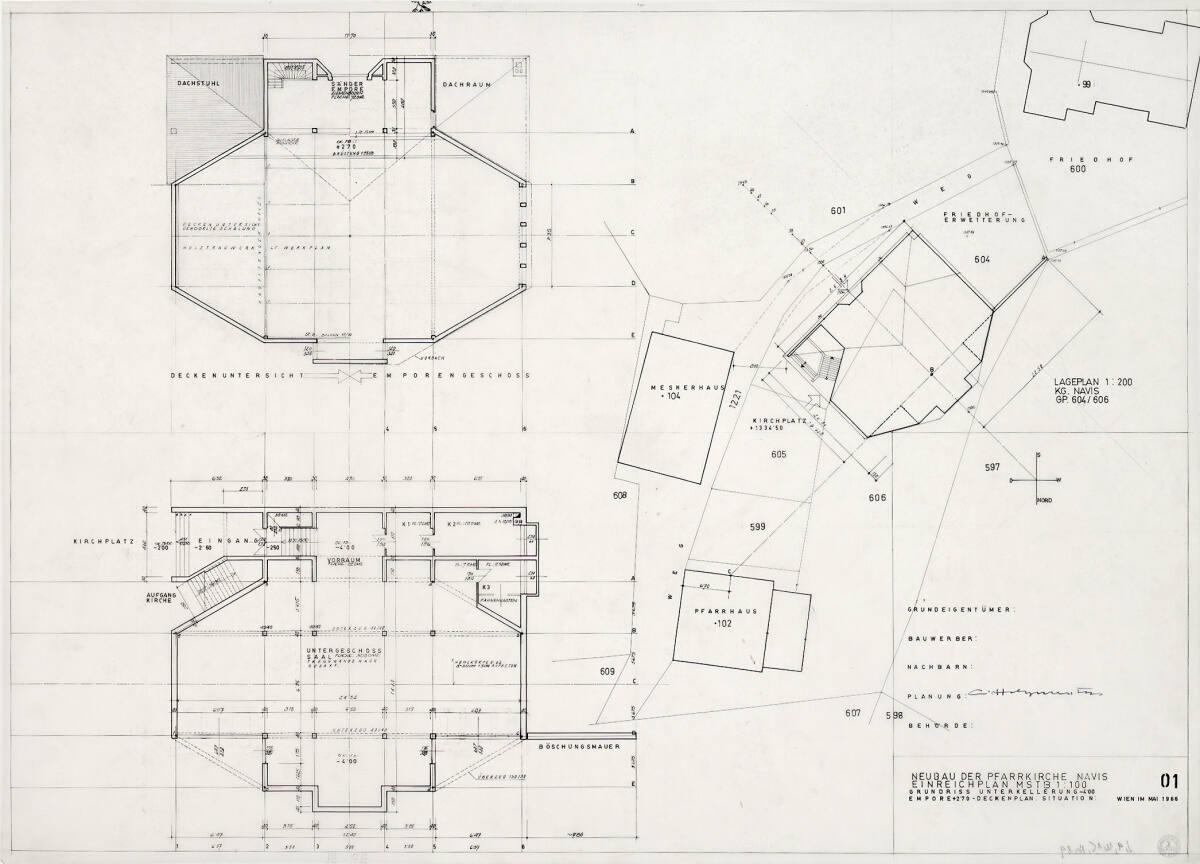 Clemens Holzmeister(?), Navis, Pfarrkirche; Einreichplan; Grundriss Unterkellerung -4.00; Grund…