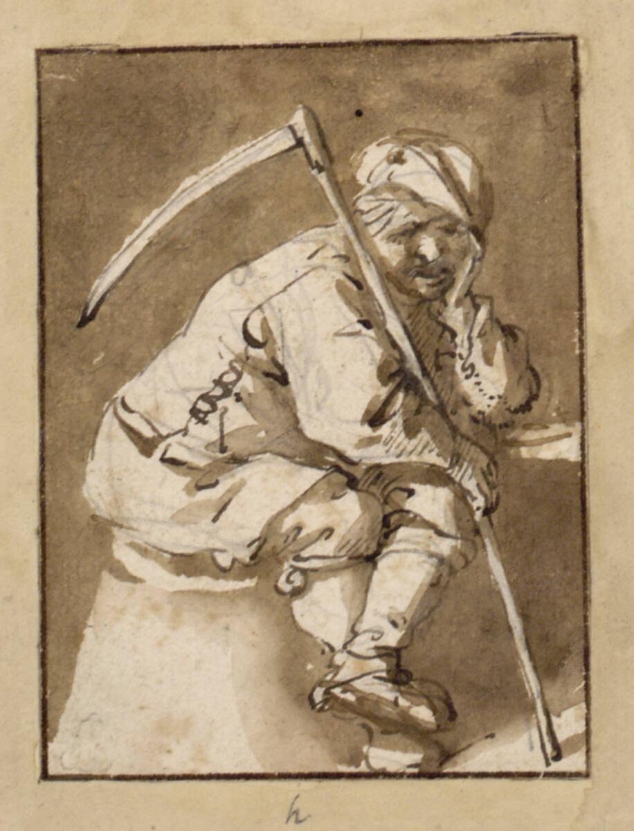 Sitzender Bauer mit Sense, den Kopf auf die Hand gestützt, Isaac van Ostade