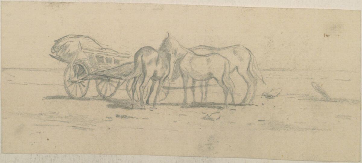 Johann Gualbert Raffalt, Studie eines Pferdewagens mit losen Pferden, Inv. Nr.: 26046/42/2r