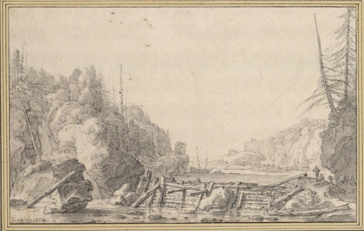 Simon de Vlieger, Gebirgsfluss oder Meeresarm mit Staudamm, Inv. Nr.: 9167