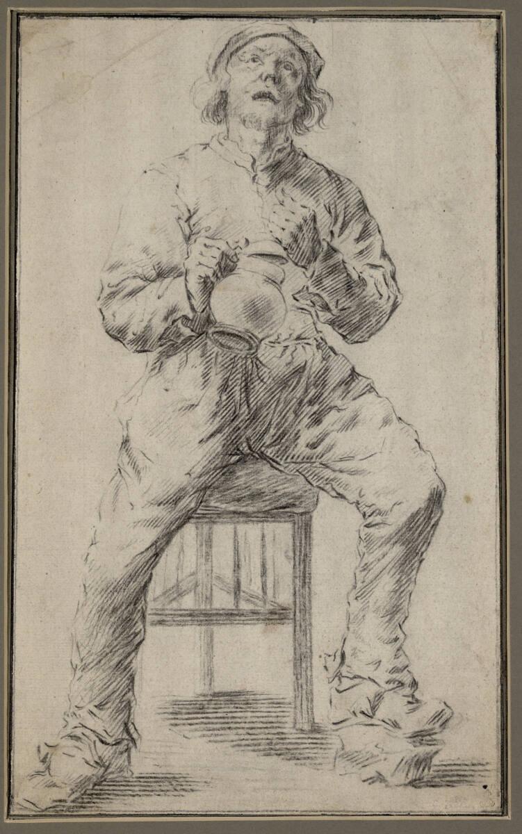 Herman Saftleven, Bauer mit Trinkkrug, auf einem Schemel sitzend, Inv. Nr.: 9185