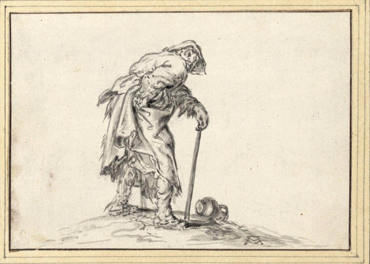 Adriaen Pietersz. van de Venne, Stehender Bettler, auf seinen Stock gestützt und unter seinem M…