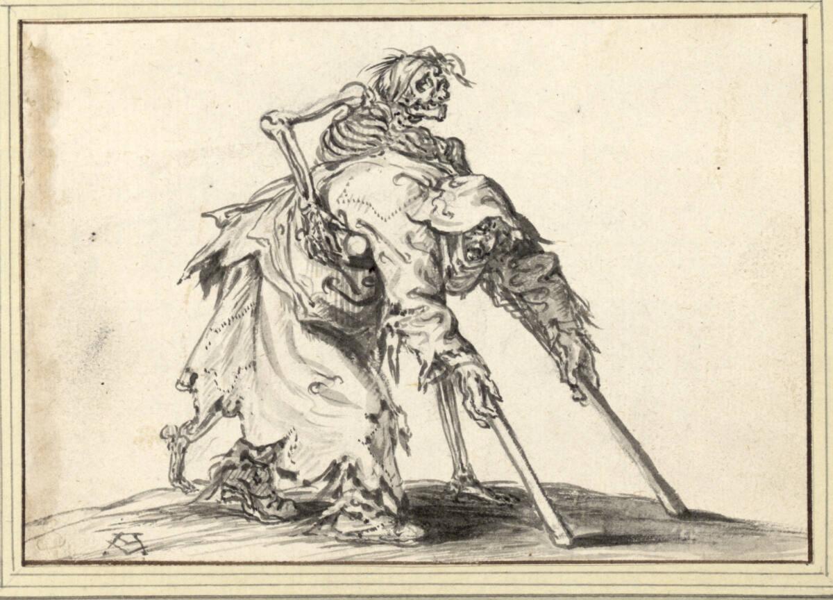 Adriaen Pietersz. van de Venne, Altes Bettelweib auf Krücken, vom Tod umfangen und gestützt (28…