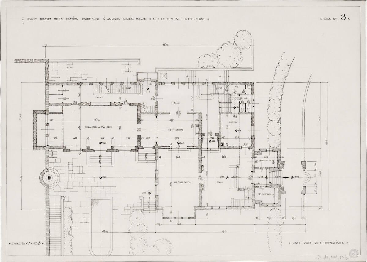 Clemens Holzmeister(?), Ankara, Ägyptische Botschaft; Variante B; Vorprojekt; Grundriss Erdgesc…