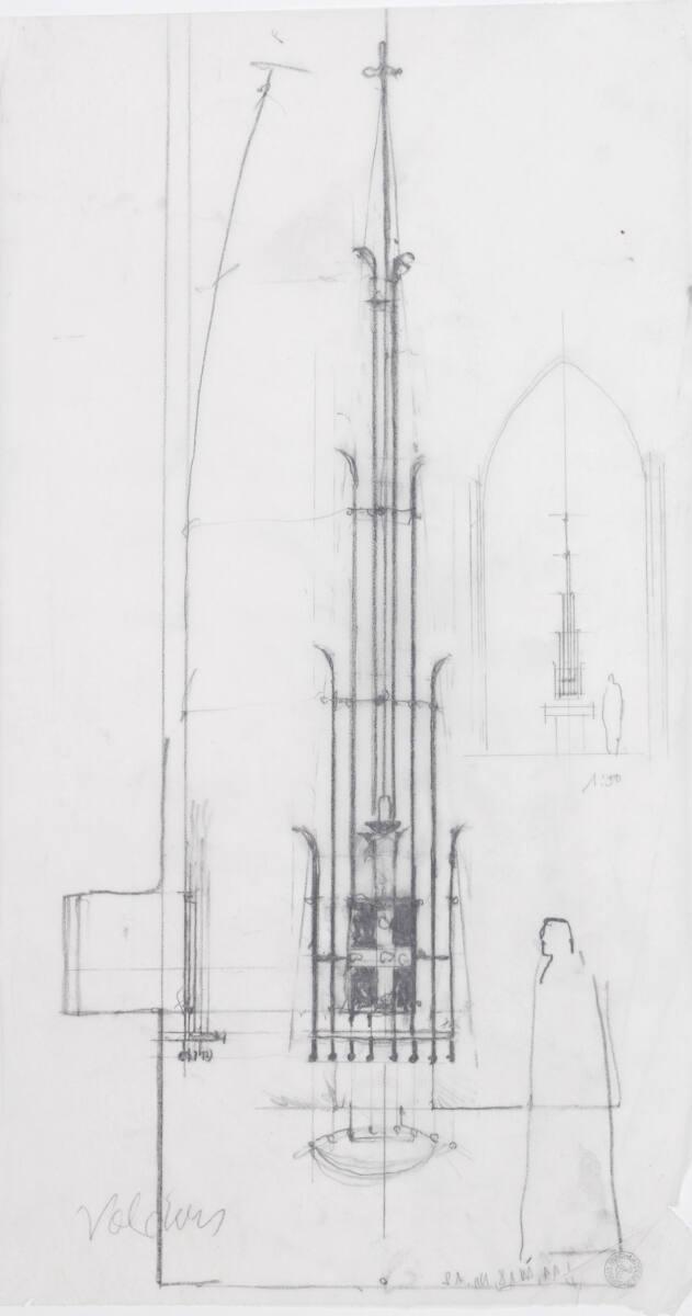 Clemens Holzmeister, Volders, Pfarrkirche St. Johannes, Erweiterung; Studie; Metallgitter vor T…