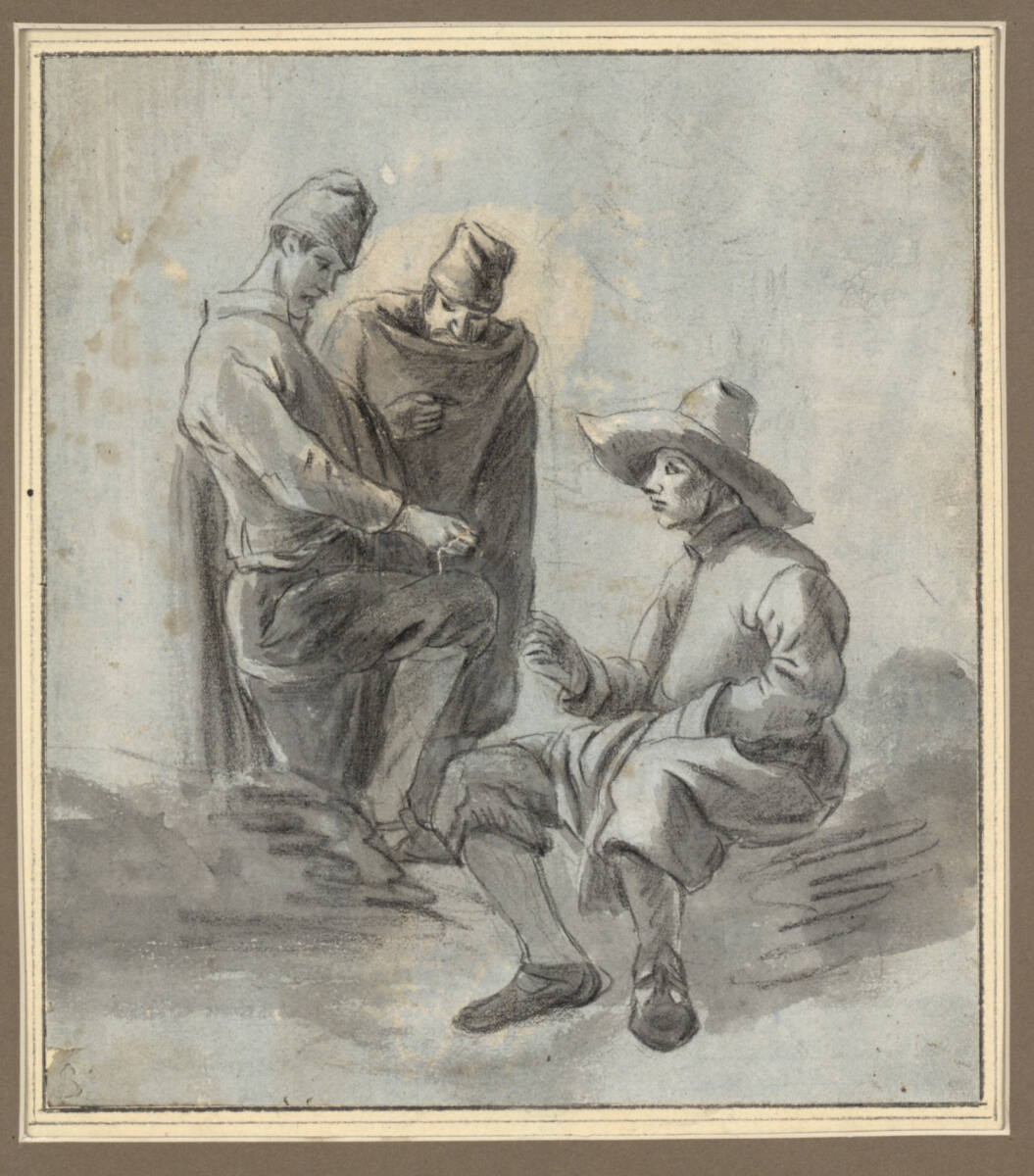 Zwei Italiener und ein am Boden sitzender Holländer beim Moraspiel (?), Pieter van Laer