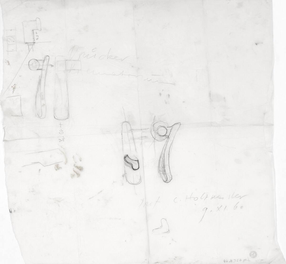Clemens Holzmeister, Wien, 11. Bezirk, Krematorium II, Erweiterung; Studie; Türdrücker, 2 Varia…