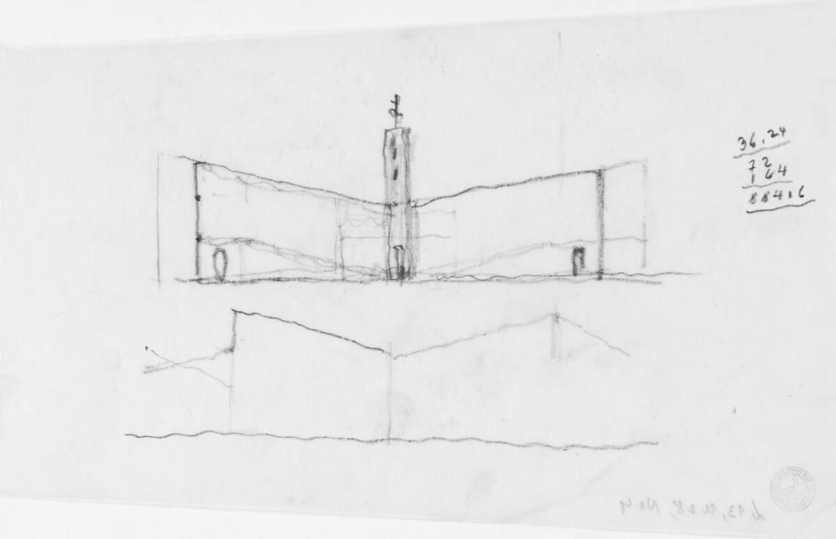 Clemens Holzmeister, Wien, 21. Bezirk, Pfarrzentrum Leopoldau; Entwicklungsvariante; Studie; Qu…