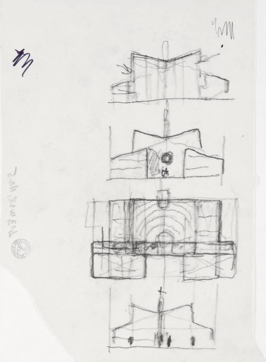 Clemens Holzmeister, Wien, 21. Bezirk, Pfarrzentrum Leopoldau; Entwicklungsvariante; Studie; Qu…